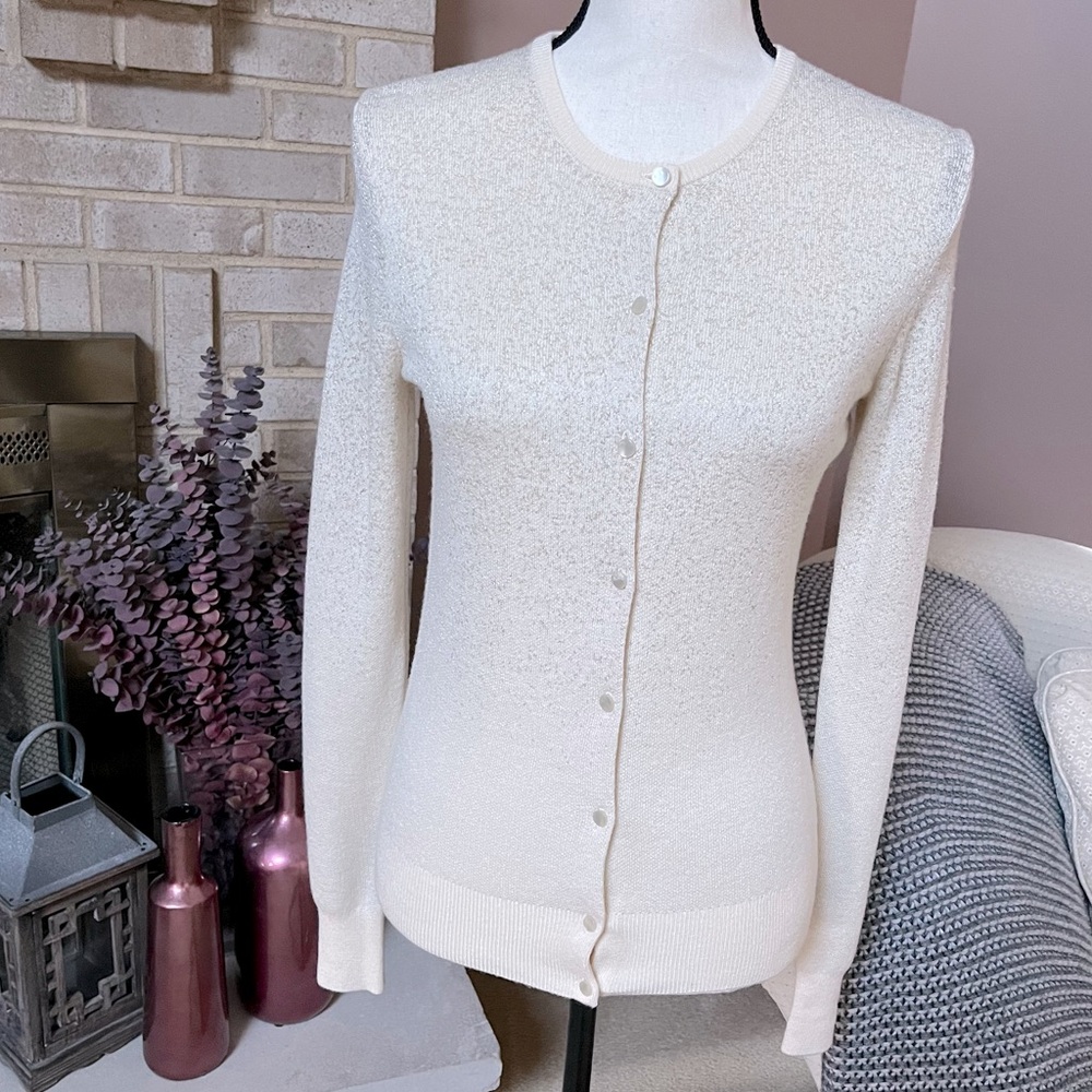 Ann Taylor Ann Cardigan Wool Blend - Ivory & Gold Shimmer